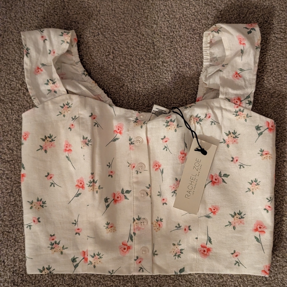 Rachel Zoe Floral Button-Up Blouse - Cream and Pink Cropped
